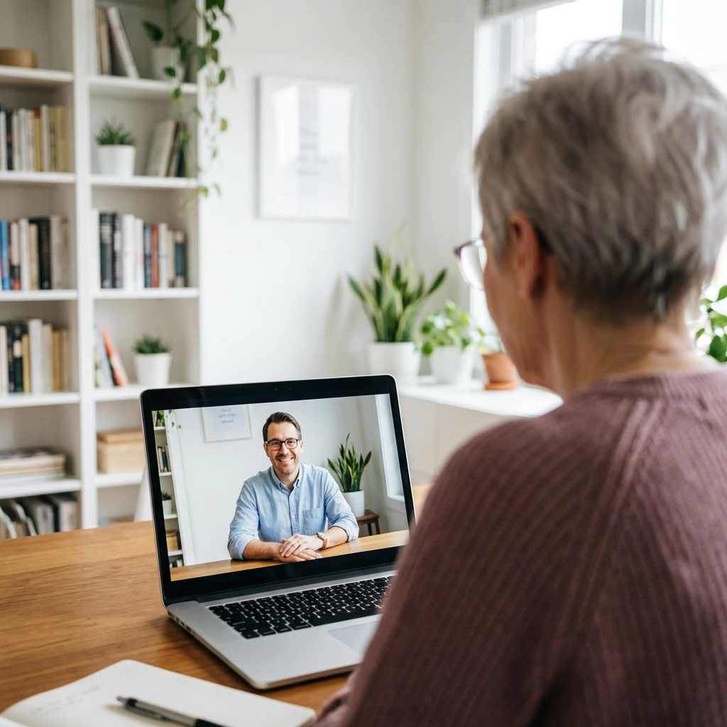 Woman attending an online therapy session with a registered psychologist in Red Deer