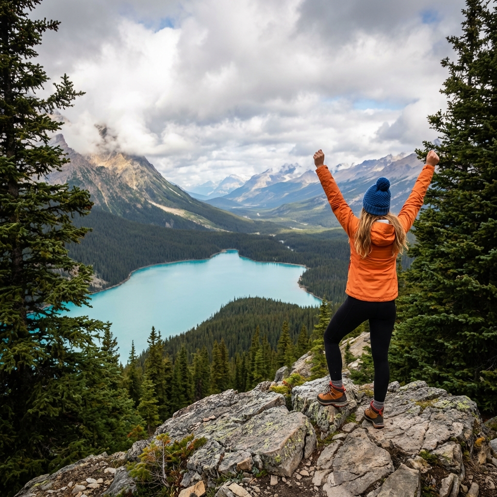 Person standing on a mountain summit at sunrise in Alberta, symbolizing reaching therapy goals